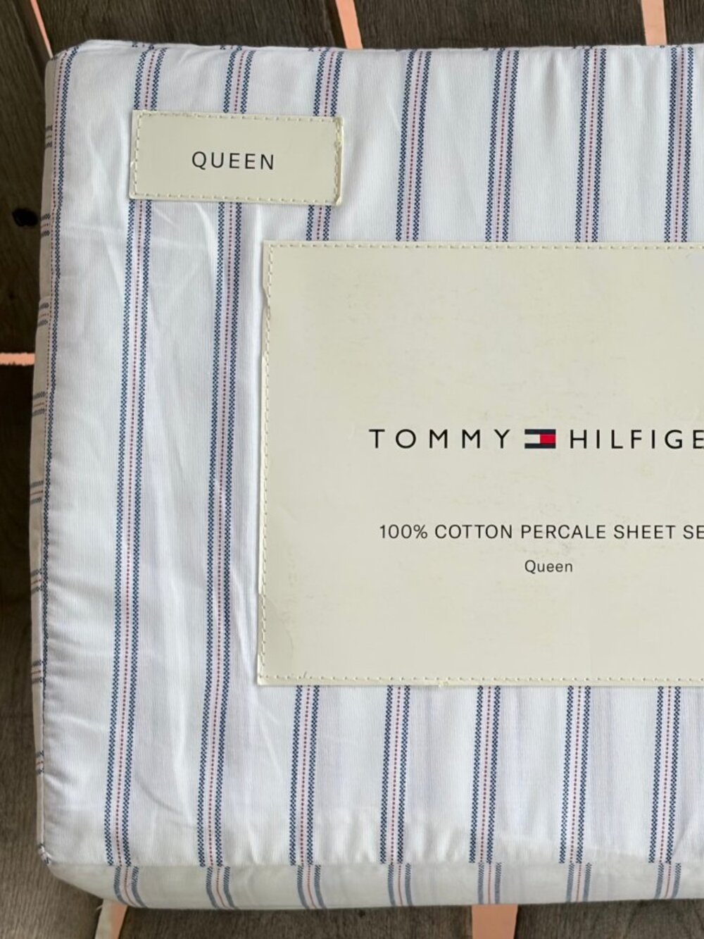 Tommy Hilfiger Queen Size Cotton Percale Sheet Set Joshua Tree Stripe Red Blue